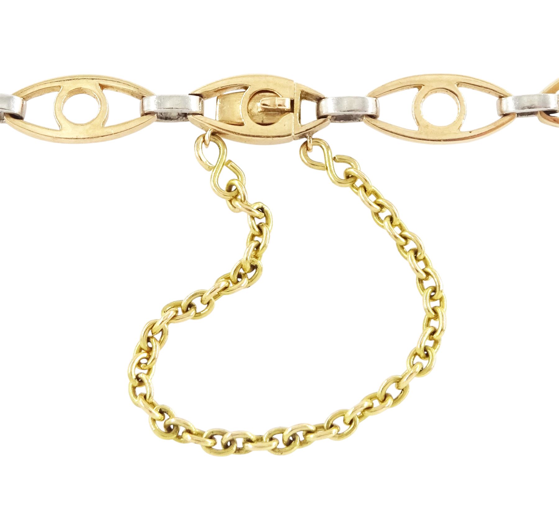 Early 20th century gold and platinum aquamarine and diamond bracelet, three cushion cut aquamarines, each spaced by milgrain set diamond heart and flower head links, to a fancy gold and platinum openwork link bracelet