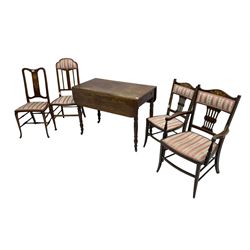 19th century mahogany drop leaf Pembroke table, single drawer, raised on ring turned supports with castors(W101cm D54cm H74cm), and four Edwardian inlaid dining chairs