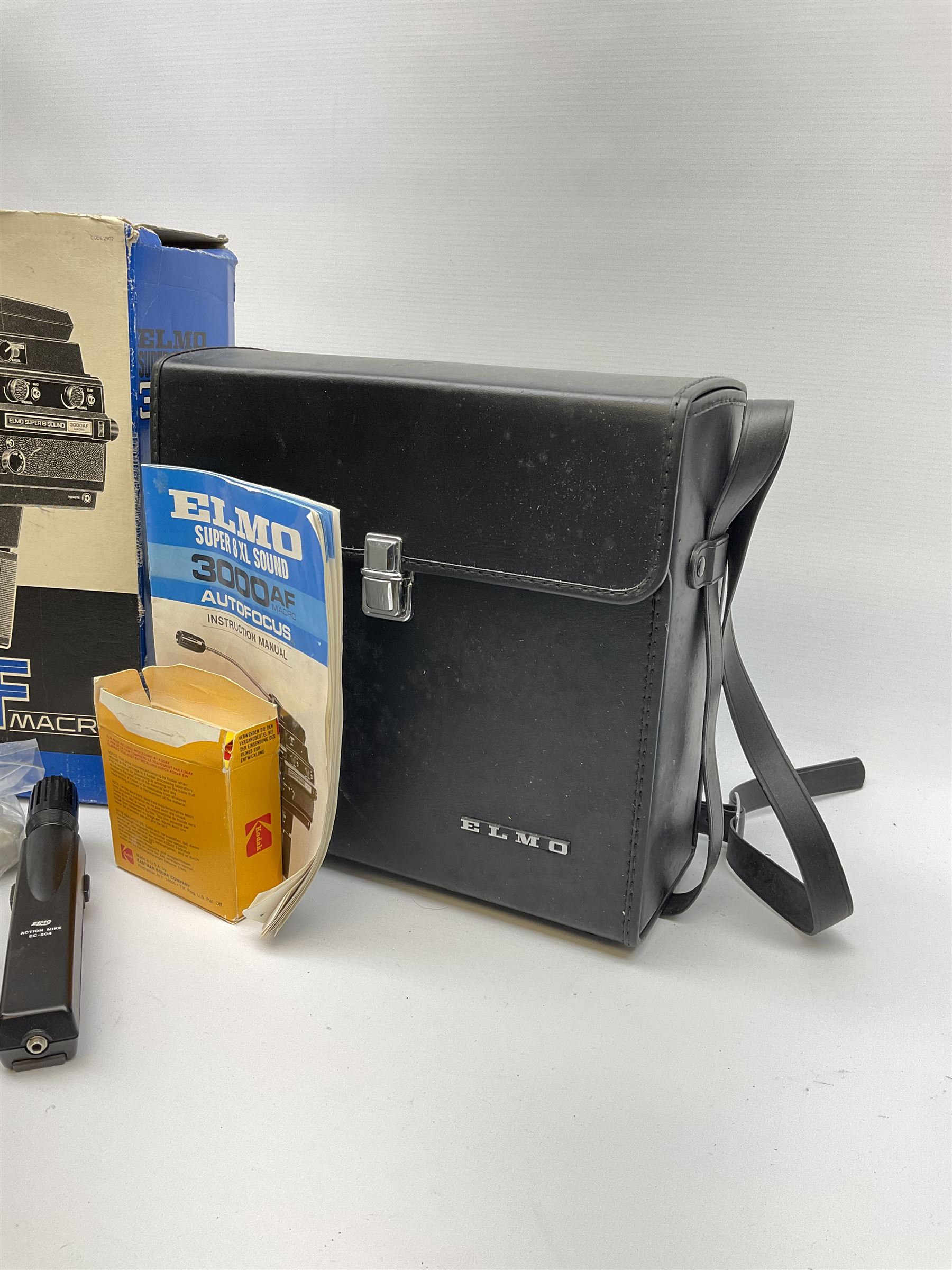 Elmo super 8 sound 3000AF Camera with extendable mic, in box, with case and instruction.  