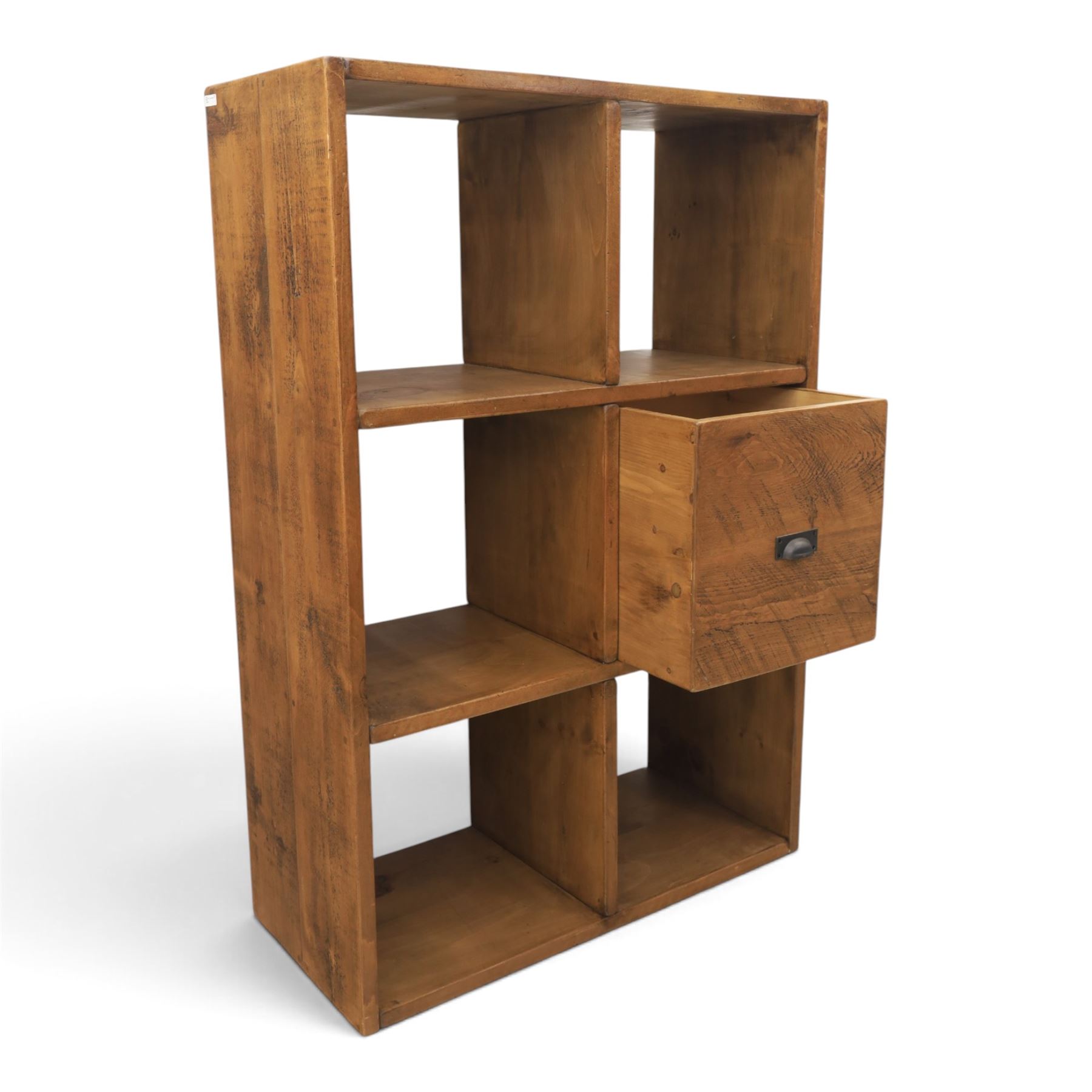 Indigo Furniture - rustic oak shelving unit with cupboard, with five open shelves and one drawer with metal cup handle