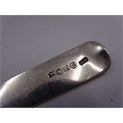 Collection of Victorian silver flatware, comprising eight Fiddle pattern examples, an Old English pattern example and a Fiddle pattern cake fork, all hallmarked, with varying maker's including Chawner & Co and Holland, Son & Slater, dated between 1839 and 1882