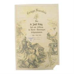 Third Reich Gruppe Fleurstein certificate for service in Northern Norway, Narvik etc. May ...