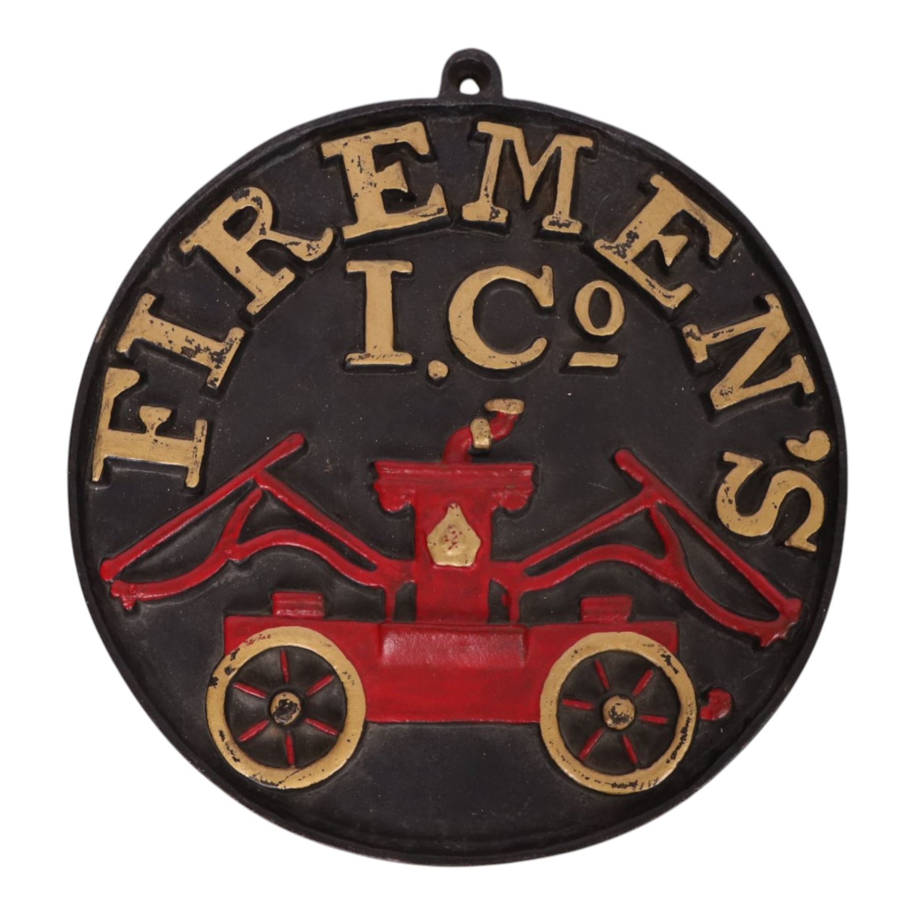 Late 20th century cast iron Firemen's Insurance Company fire mark plaque, D33cm, together with replica Phoenix Assurance Company Limited fire mark, upon plaque, modern Royal exchange Assurance company crest upon shield, Phoenix Assurance Company Limited commemorative dish, pewter inkwell, and pewter desk stand, L17cm, and a modern York & North of England cast brass heraldic plaque, H22cm