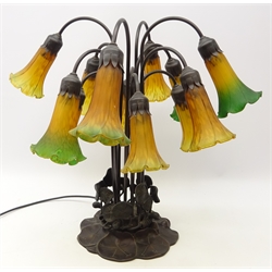  Art Nouveau style multi light table lamp, leaf cast metal moulded base with twelve mottled glass flower shaped shades, H54cm  (This item is PAT tested - 5 day warranty from date of sale)  