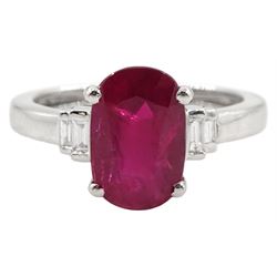 18ct white gold oval Burmese ruby ring, with baguette diamond shoulders, hallmarked, ruby approx 3.00 carat