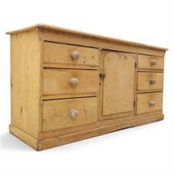 Victorian stripped pine sideboard, rectangular plank top rounded edges, with central cupbo...