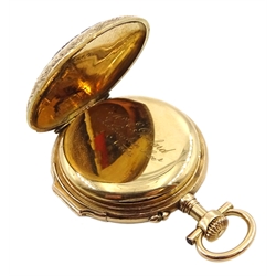 Early 20th century 18ct gold top wind fob pocket watch, the reverse with applied birds in a garden setting decoration, in original fitted case