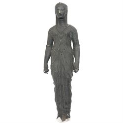 Neoclassical 19th century plaster pedestal, the base cast as two straining Atlantes on a naturalistic rocky base, unmarked, excluding fittings H65cm; together with a set of three plaster figures, cast as Egyptian ladies in headdresses and draped in cloth, by John Dominic Giannelli (1775-1841), the reverse with hieroglyphic decoration, inscribed 'Published as the Act Directed By J D Giannelli 1805', possibly corresponding attachments for the aforementioned pedestal, H62cm 
Provenance: property of a Nobleman