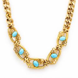 19th / early 20th century gold turquoise and pearl necklace, the the central five oval lin...