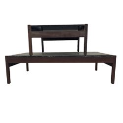 Mid-20th century rectangular teak coffee table with black lacquered top (117cm x 61cm, H31cm), and a matching square coffee table (61cm x 61cm, H31cm)