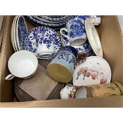 Three boxes of 19th century and later ceramics to include plate painted with butterflies and flowering branches titled R.L., Royal Doulton, twin handled majolica vase (a/f), four two tone stone ware jars etc