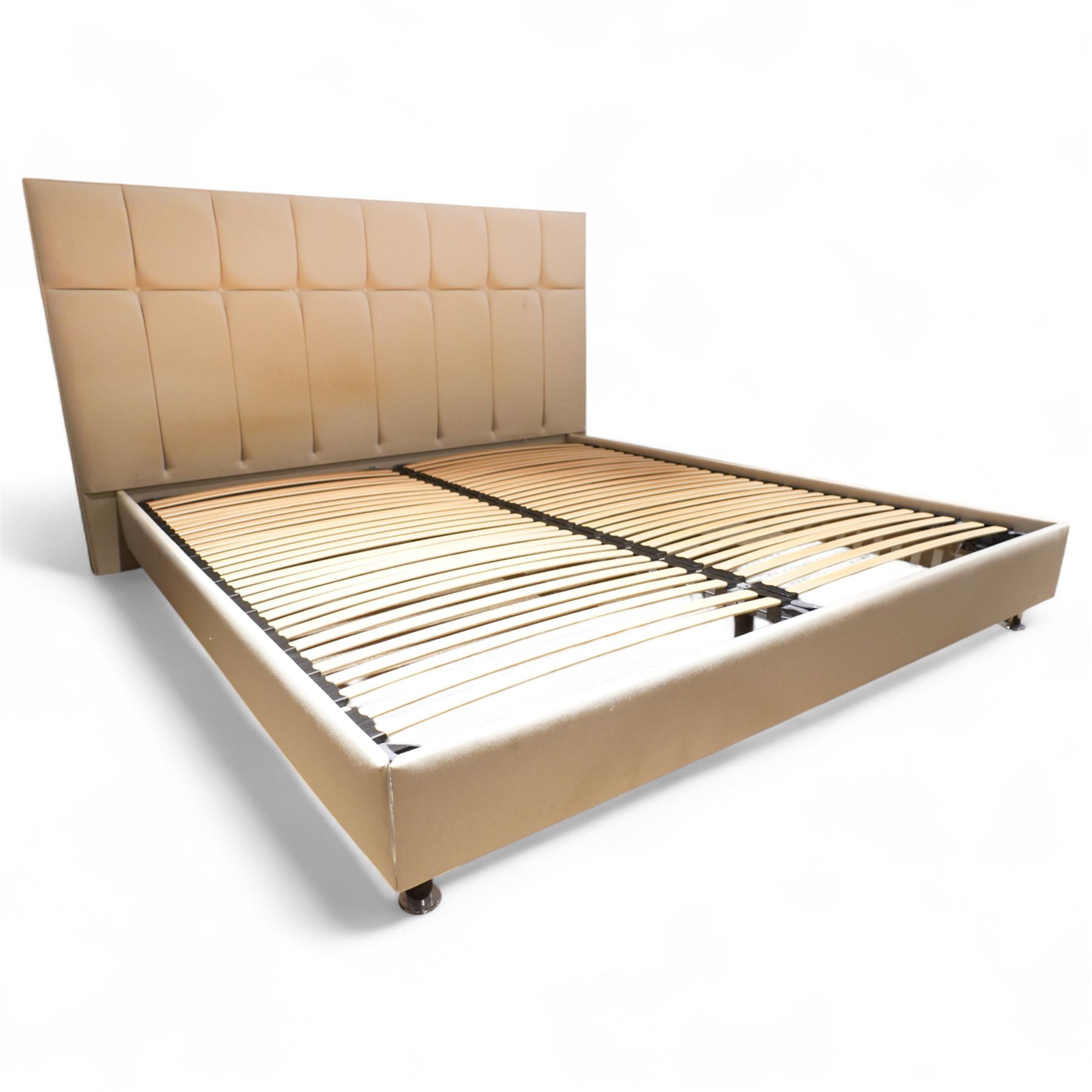 Contemporary 6' superking upholstered double bed frame, panel stitched headboard with square and vertical sections, slatted base on low feet