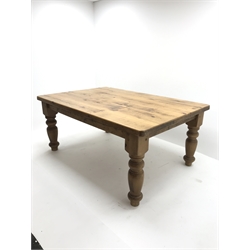  Large pine farmhouse table, turned supports, W183cm H81cm, D123cm  