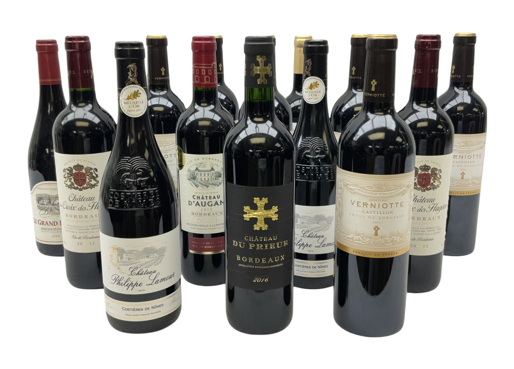 Mixed red wines including six bottles Chateau Verniotte Castillon Cotes de Bordeaux 2011, 750ml 14.5% vol, two bottles Chateau Philippe Lamour Costieres De Nimes 2016, 750ml 14% vol, Chateau du Prieur Bordeaux 2016 and five others of various contents and proofs (14)  