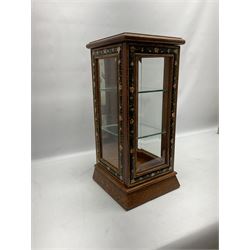 Small display cabinet of square form, the bevelled glass panels within painted borders of flowers and foliage on black ground, H48cm