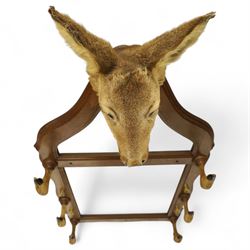 Early 20th-century taxidermy decorated wall-mounted gun rack, shaped oak frame fitted with used shotgun cases and mounted with hooves designed to hold shotguns horizontally, surmounted with a taxidermy deer head 