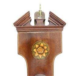 L. Solcha & Co. of Hull - 19th century Sheraton Revival mahogany wheel barometer, the swan neck pediment above a floral inlaid medallion and thermometer, with further shell inlay flanking the stem, the circular silvered dial above a shaped terminal, H 99cm