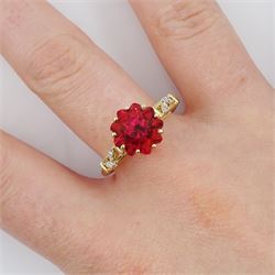 9ct gold fancy cut red topaz ring, with diamond set shoulders, hallmarked
