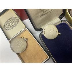 Great British and World coins including commemorative crowns, pre-decimal coinage, South Africa 1896 one shilling, King George VI Southern Rhodesia 1940 threepence etc, Bedfordshire cap badge, 'Grand Lodge of England' jewel and two hallmarked silver fobs both with enamelled decoration
