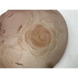1930s pink frosted glass ceiling light shade, decorated with roses, D