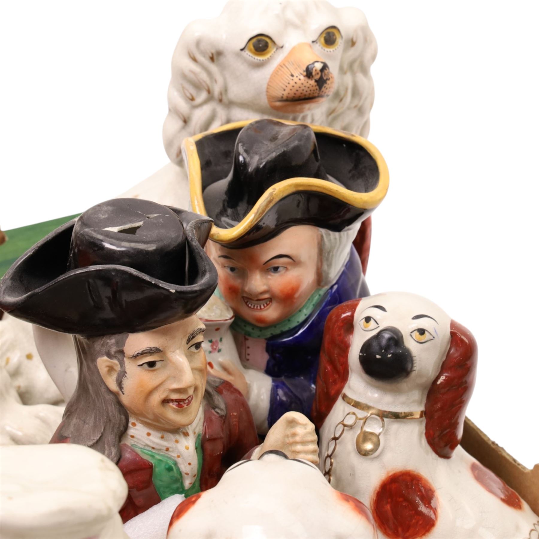 Pair of Staffordshire pottery spaniels H32cm, smaller pair and three Toby jugs