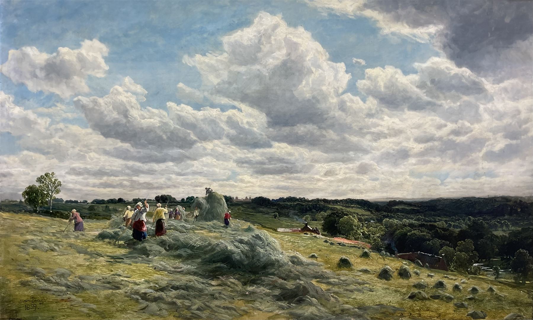 Sam Bough RSA RSW (Scottish 1822-1878): 'The Vale of Avon from Haughhead' East Dunbartonshire, oil on canvas signed and dated 1859, titled and inscribed 'Painted by Sam Bough Dec 1859, the property of Thomas Nisbet Esq' verso 39cm x 64cm in superb acanthus carved and moulded frame 
Provenance: private East Yorkshire collection; in the same family ownership for over three generations