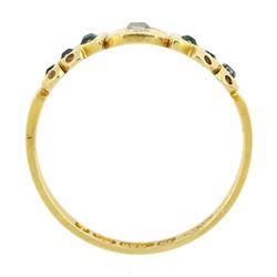 Victorian 15ct gold two stone diamond and six stone green paste stone set ring, Birmingham 1883