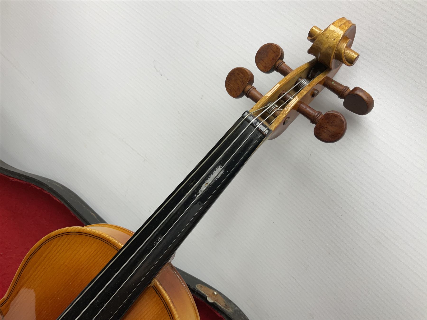 French violin for restoration with 36cm two-piece maple back and ribs and spruce top, bears label 'Lutherie Artistique M. Couturieux'; in wooden case; two modern three-quarter size violins in cases; and five violins for spares or repair