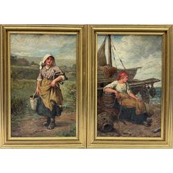 Charlotte M Noble (British exh.1880-1897): The Fisherwoman and the Milkmaid, pair oils on canvas signed 28cm x 17cm (2)