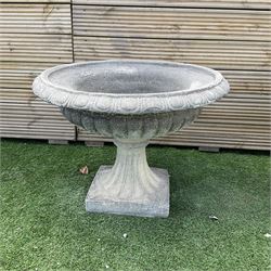 Pair of Victorian design cast stone squat garden urns, egg and dart border, on pedestal base, D60, H45 - THIS LOT IS TO BE COLLECTED BY APPOINTMENT FROM DUGGLEBY STORAGE, GREAT HILL, EASTFIELD, SCARBOROUGH, YO11 3TX