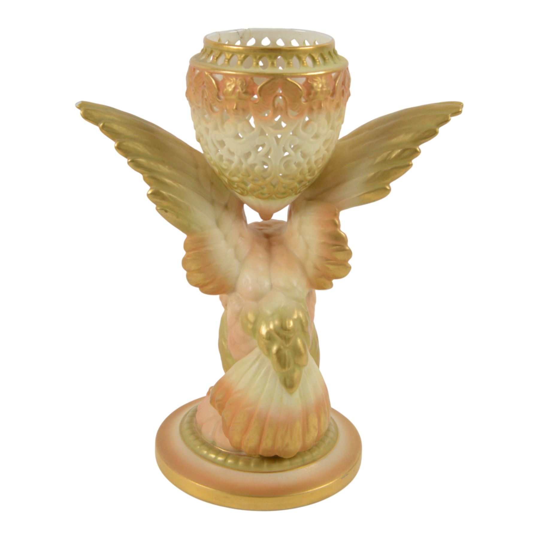 Royal Worcester Blush Ivory, comprising reticulated pot pourri jar upon eagle support, with black printed mark beneath, twin handled posy vase, shape no. 1556 with pink fluted body and puce mark beneath and three jugs, including shape no. 1018 example with bird mounted handle and two shape 1094 examples, all decorated with floral sprigs and with puce marks beneath, tallest H21cmn