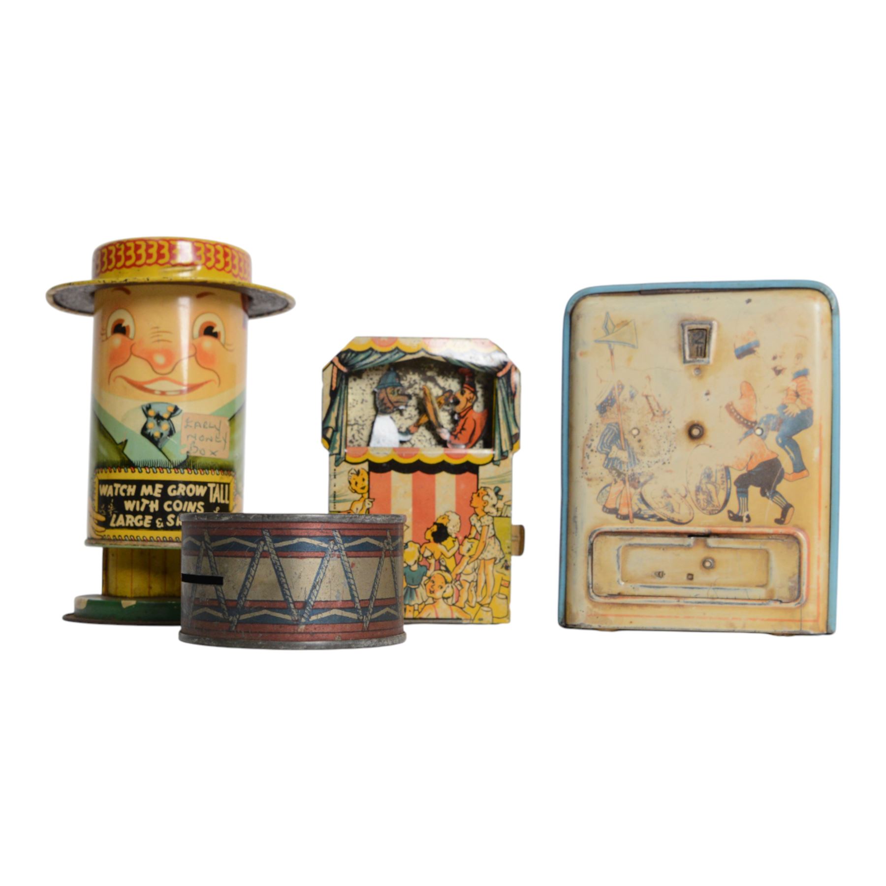 Ten vintage tin plate money boxes, including mechanical clown money bank, Chocolate Slot Machine, Watch Me Grow money box, mechanical Punch & Judy money box, etc, tallest H15cm