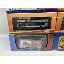 Collection of die-cast buses including Britbus, Corgi, Weetabix, Stagecoach in Hull, Finglands and other models, all boxed