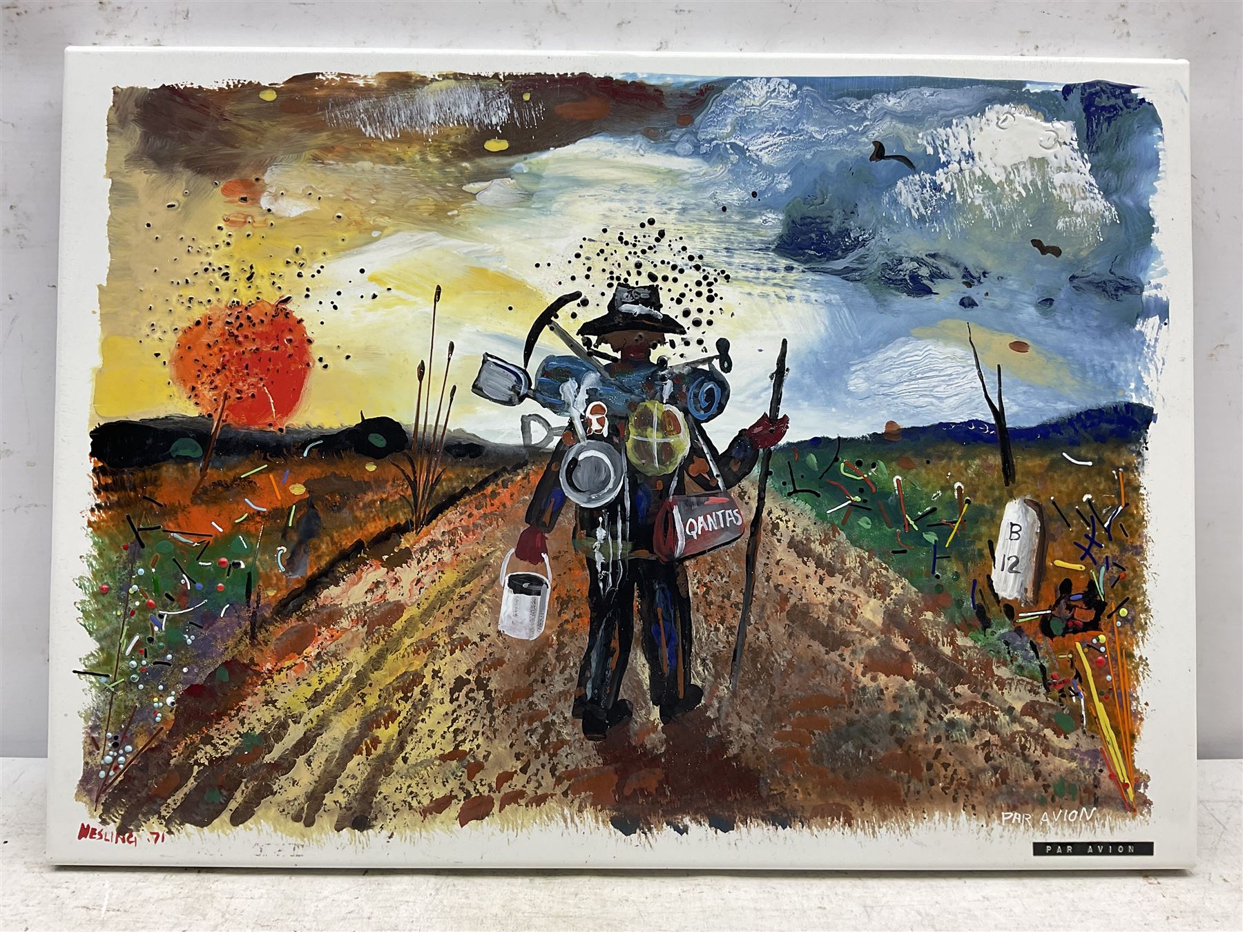 Bernard Hesling (Australian 1905-1987): 'Par Avion', vitreous enamel on metal signed titled and dated '71, 38cm x 54cm