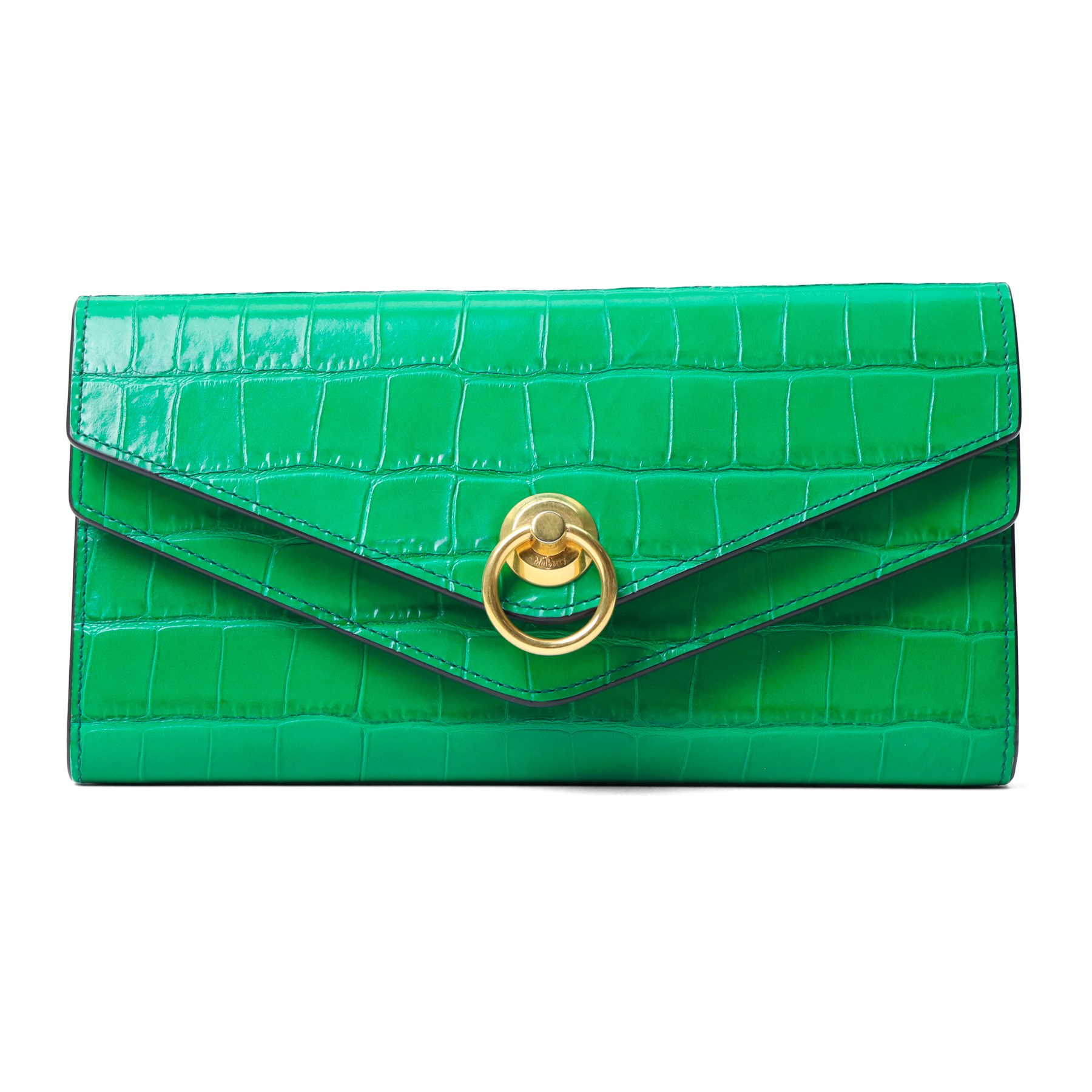 Mulberry - ‘Harlow Medium’ wallet in Emerald Green crocodile-embossed leather, the double envelope flap with gold-tone twist-ring Rider’s Lock fastening, opening to a gusseted interior with four card slots, zipped coin compartment and front press-stud pocket, with box