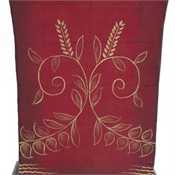 19th century toleware vase, painted foliage and corn upon a red ground, on four paw feet and a square plinth base, H36cm