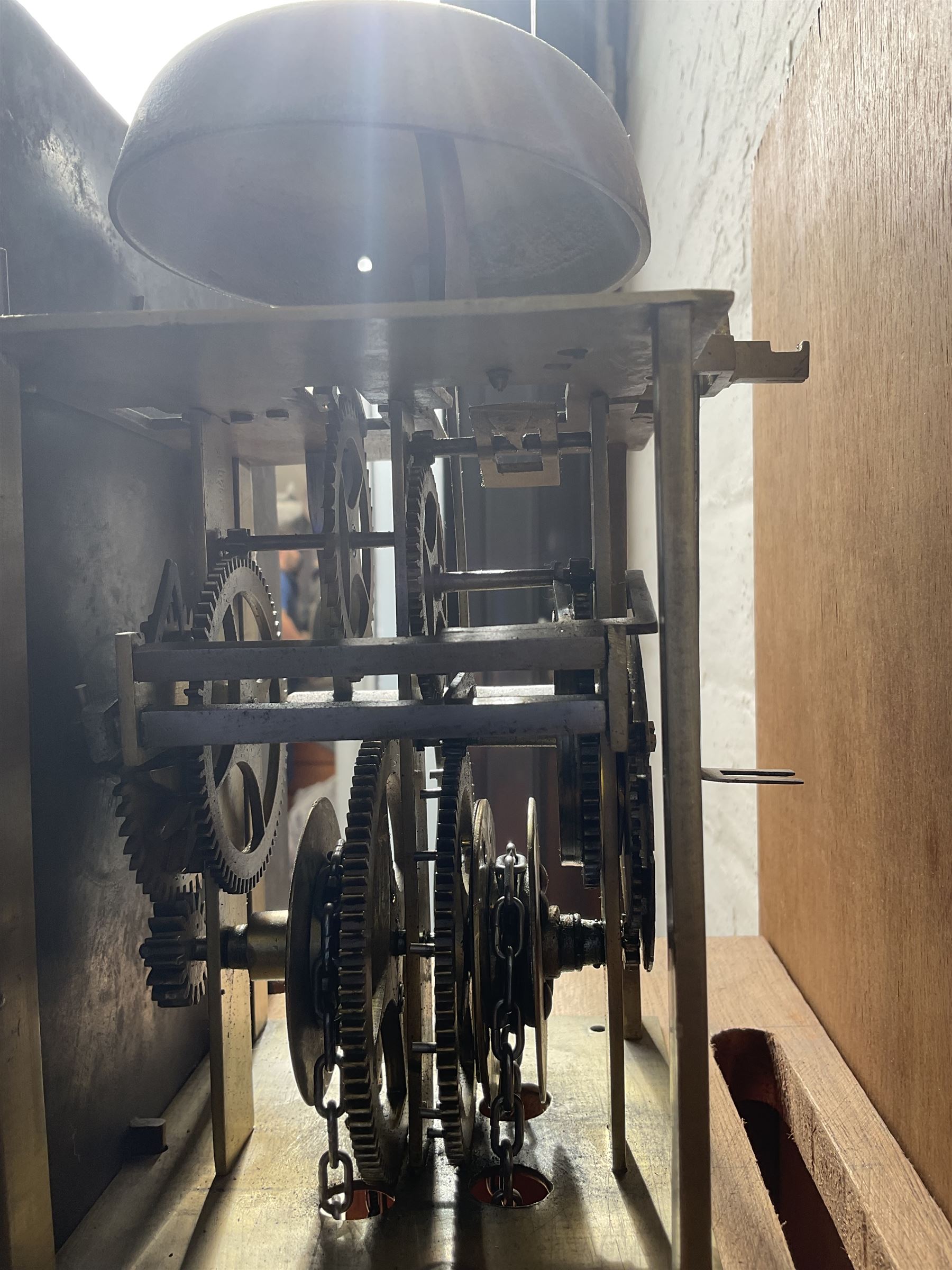 Contemporary Pine longcase clock -  With an early single handed 18th century 30hr movement and dial, movement and dial by Ephraim Dyer of Bideford, 1683-1723, brass dial with a matted dial centre, cast spandrels, single steel hand and chapter ring with Roman numerals, dial pinned to a chain driven birdcage movement with a countwheel strike, striking the hours on a bell. No weight or pendulum.