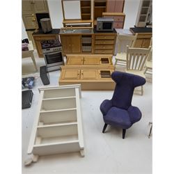 Modern 1:12 scale dolls house furniture, comprising pine kitchen set, with wall cabinets, floor cabinets and sink unit, white wooden bathroom suite, white wooden kitchen and dining room furniture and appliances, wooden bedroom furniture, Raine purple wingback chair, tv, desk, fish tank, etc