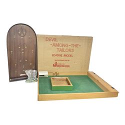 John Jaques and Son ‘Devil Among the Tailors’ wooden vintage skittles game, missing pole and ball, with instruction manual and original box; and a Corinthian Bagatelle board with marbles and push stick 