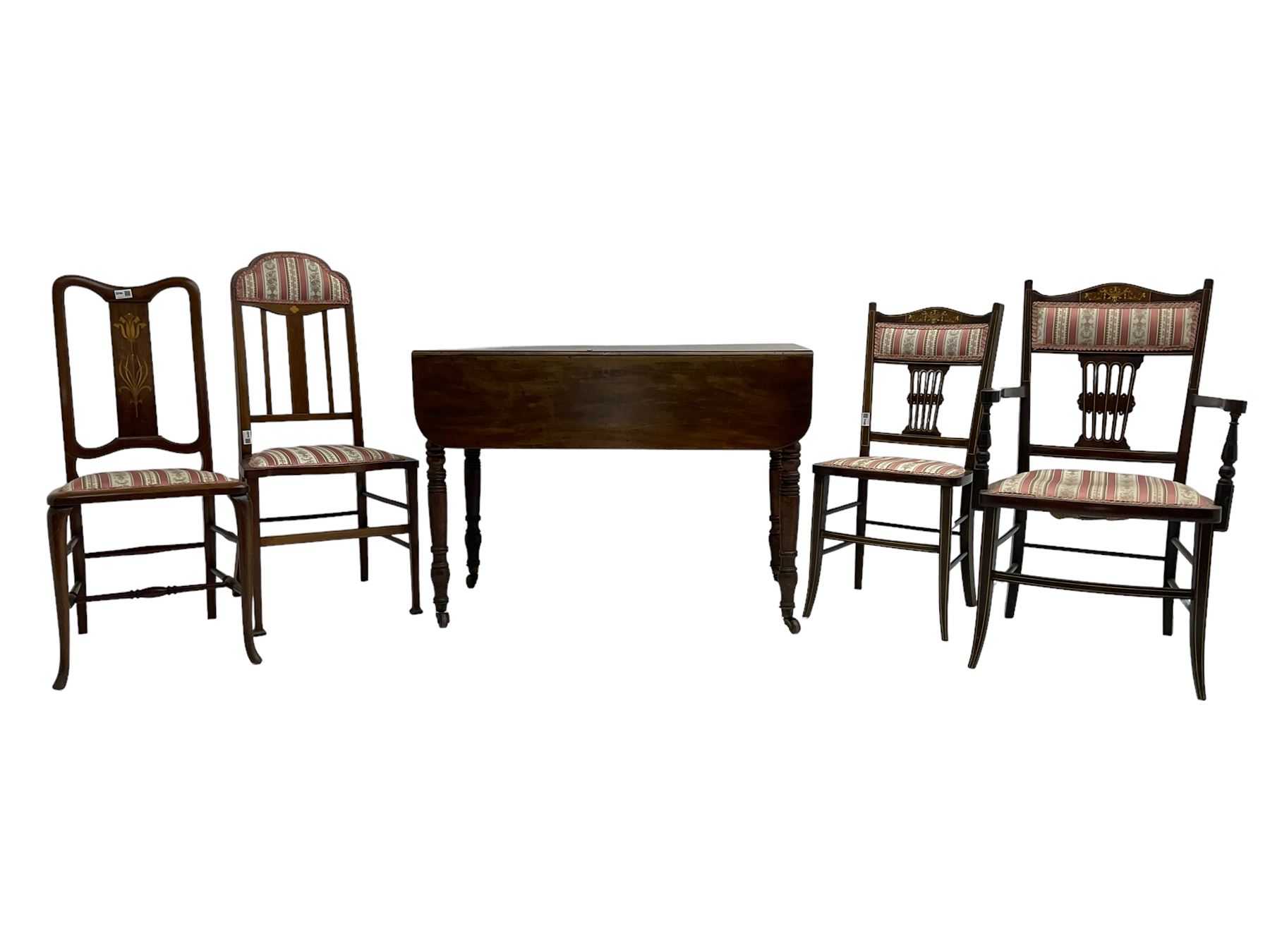 19th century mahogany drop leaf Pembroke table, single drawer, raised on ring turned supports with castors(W101cm D54cm H74cm), and four Edwardian inlaid dining chairs