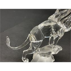 Swarovski Crystal animals, comprising camel and lion, both upon frosted crystal bases, together with Swarovski Crystal palm tree, upon similar frosted crystal base, tallest H14cm