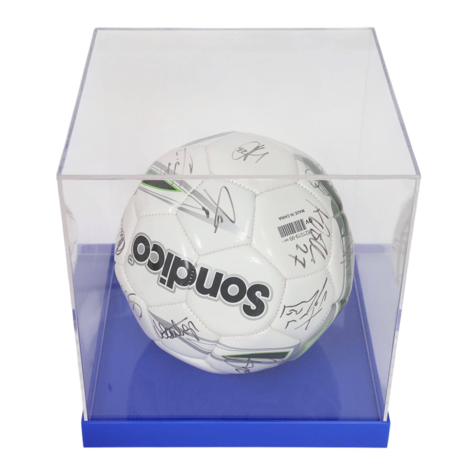 Sondico football signed at the Den by the Millwall football team December 2012, contained within a Perspex display case