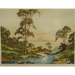  James Priddey (British 1916-1980): Rural River Landscape, engraving signed in pencil, 'Near Mallyan Spout, Goathland', pencil drawing, Boats in the Harbour, oil on canvas signed L Alexis, print after Meadow Sutcliffe and Village View, watercolour max 59cm x 90cm (5)  