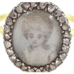 18th / 19th century gold and silver diamond portrait ring, set with an oval miniature of a woman on ivory, under glazed panel, with rose cut diamond surround and angular shank. This lot has been registered for sale under Section 10 of the APHA Ivory Act