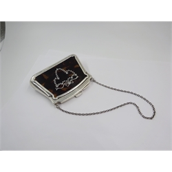  Silver and tortoiseshell evening purse, inlaid pique decoration by Horton & Allday, Birmingham 1919, L11cm   