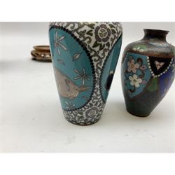 Pair of Chinese cloisonne vases on wooden stands, together with two small examples, tallest example H18cm 