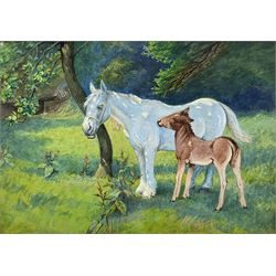 Attrib. Lucy Elizabeth Kemp-Welch (Britsih 1869-1958): Ponies in the Orchard, watercolour unsigned 12cm x 17cm (mounted)
