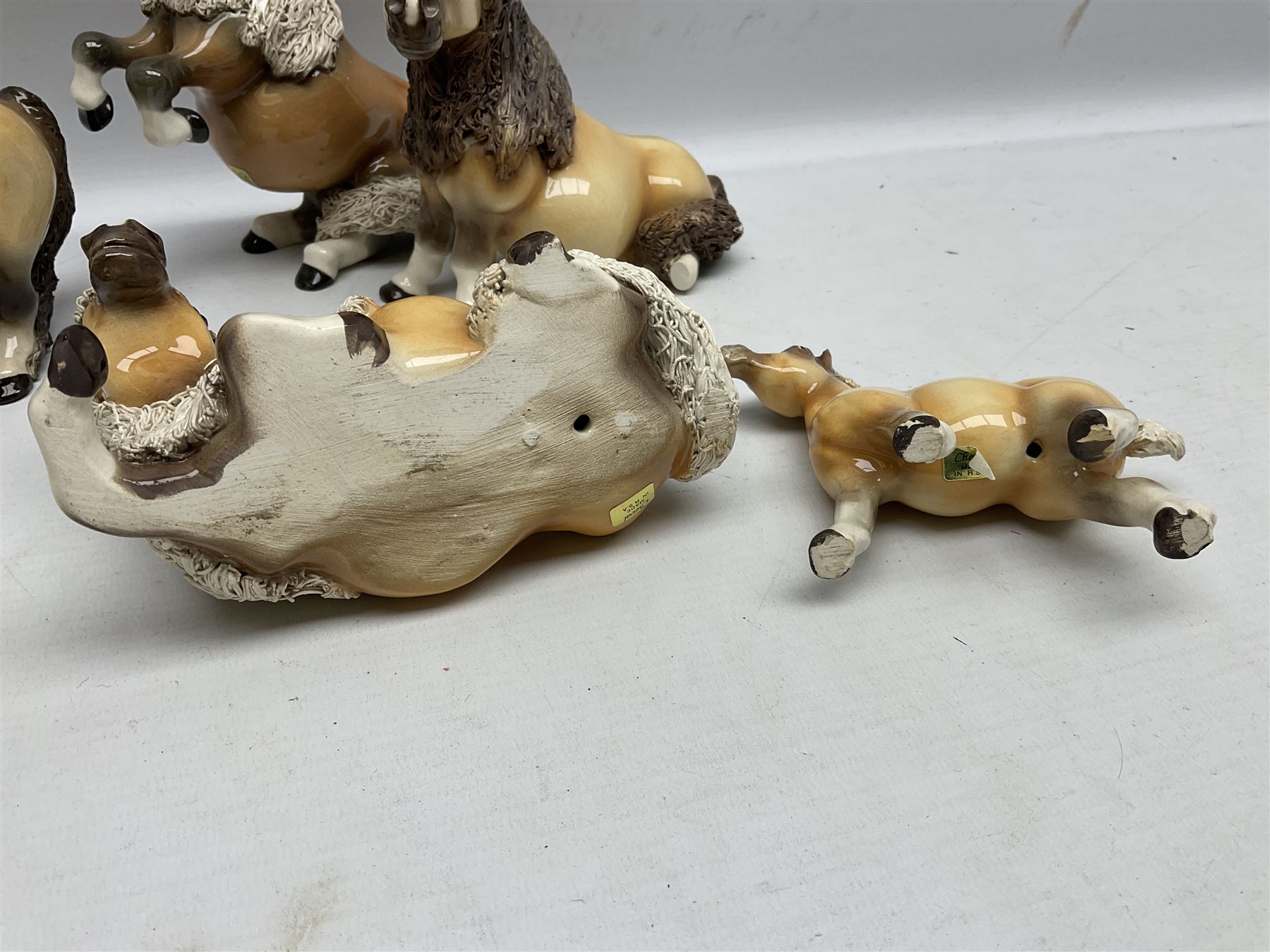 Set of six Cheval comical horse figures, modelled as Shetland ponies with spaghetti manes to include Palomino examples, all with Cheval Made in U.S.A stickers