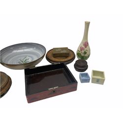 Oriental collectables, to include carved and pierced wooden stands, bowl decorated with bamboo to the interior, miniature enamel vase, brass stamp box decorated with prunus blossom, etc., in one box 
