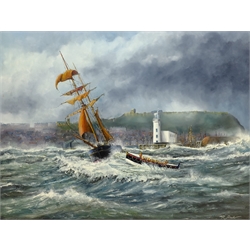 Robert Sheader (British 20th century): Masted Ship off Scarborough, oil on board signed 53cm x 71cm